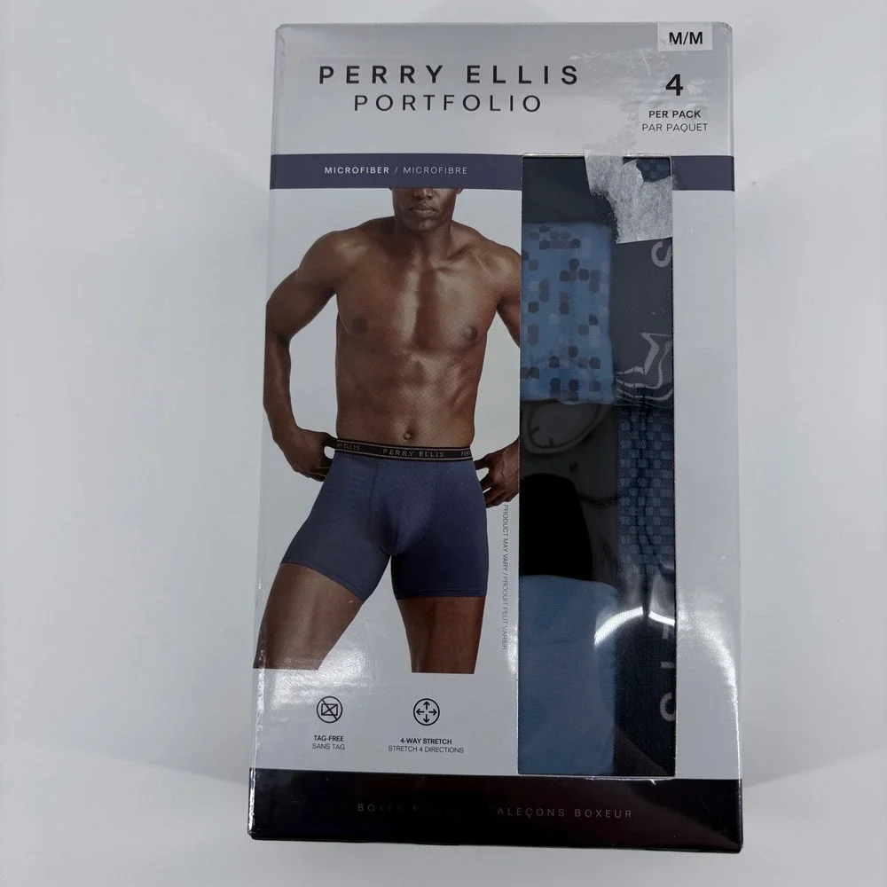 Perry Ellis Mens Boxer Briefs Microfiber Blue Pattern 4 Pack Size M 5in Inseam